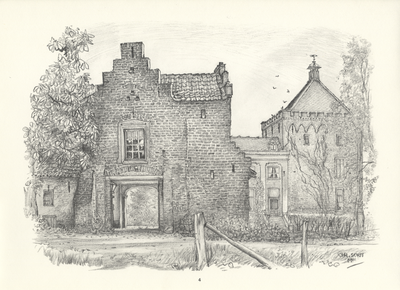 809990 Gezicht op de voorgevel van het poortgebouw van het kasteel Rhijnestein (Rhijnestein 1) te Cothen, met rechts de ...